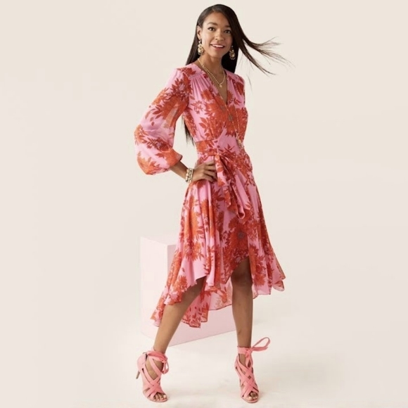 Cabi Drama Dress pink red floral wrap kimono med